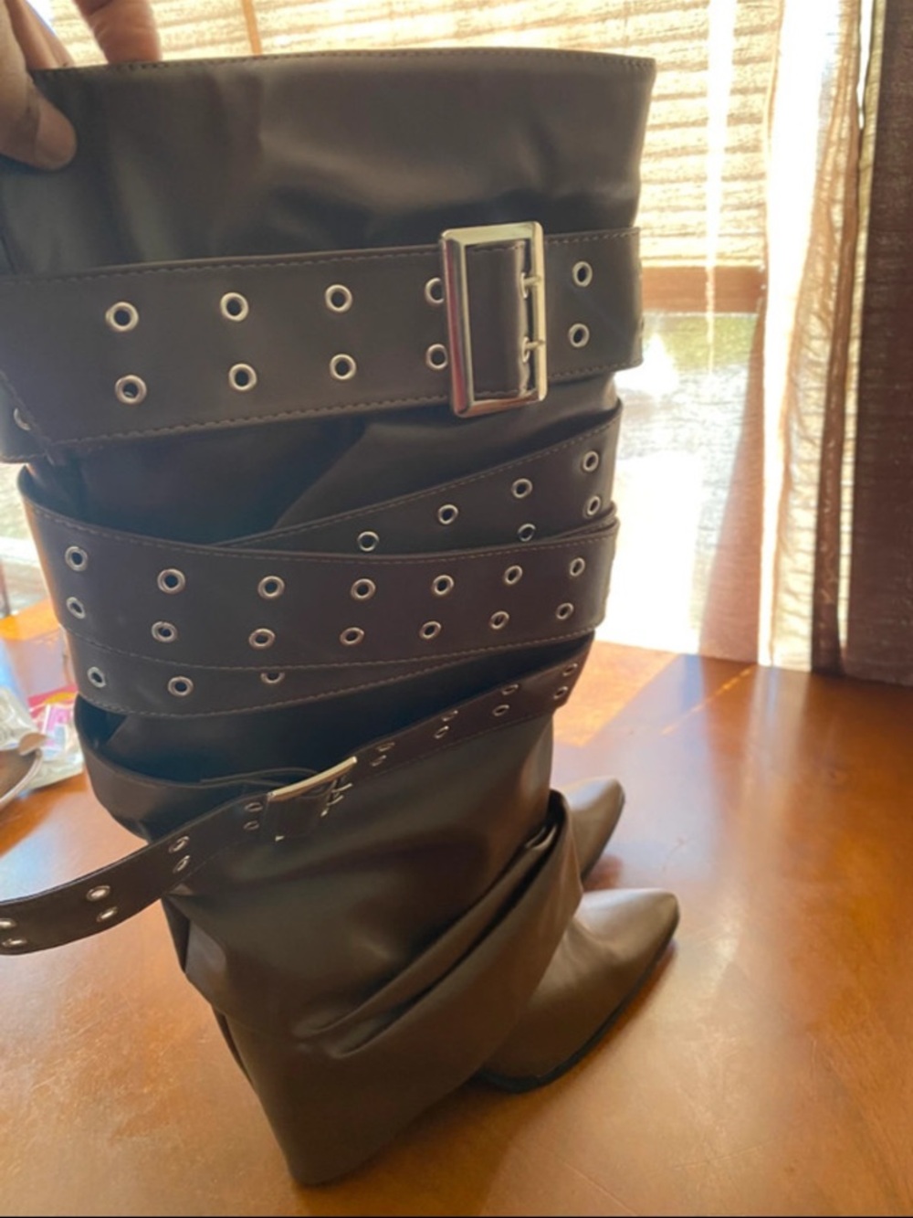 Tall Brown  Buckled Leather-Look Boots with Eyelet Straps